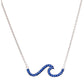 A silver chain necklace featuring a wave-shaped pendant paved with deep blue rhinestones, shown against a plain white background. Ocean | Deep Blue Sterling Silver Wave Necklace with Sapphire Blue crystals