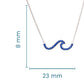 Silver wave pendant necklace with blue rhinestones, shown with dimension markings of 8 mm height and 23 mm width on a white background.