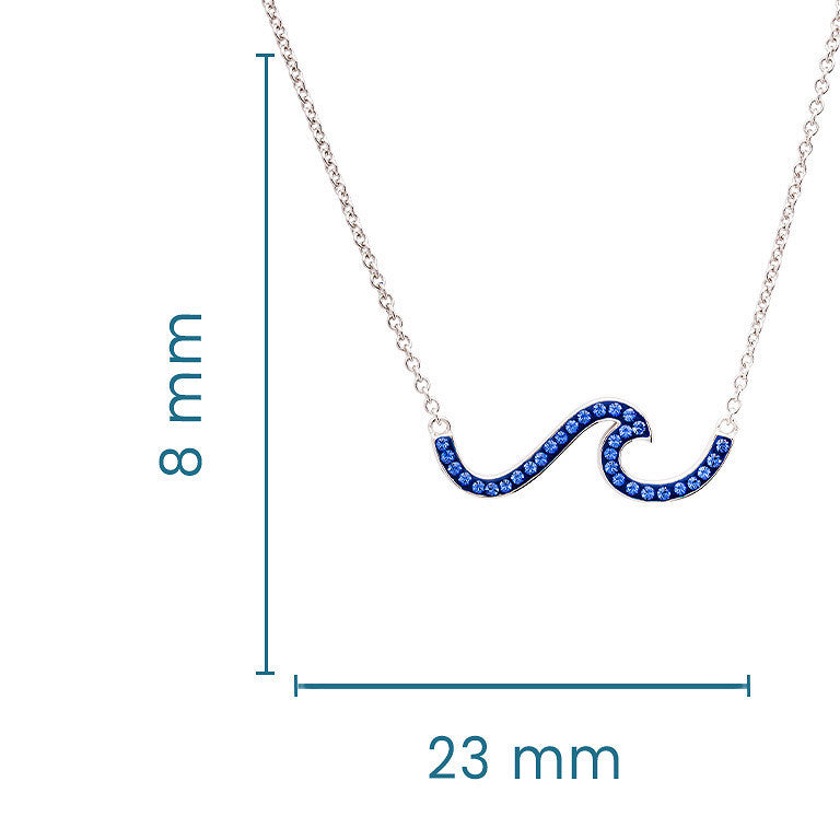 Silver wave pendant necklace with blue rhinestones, shown with dimension markings of 8 mm height and 23 mm width on a white background.