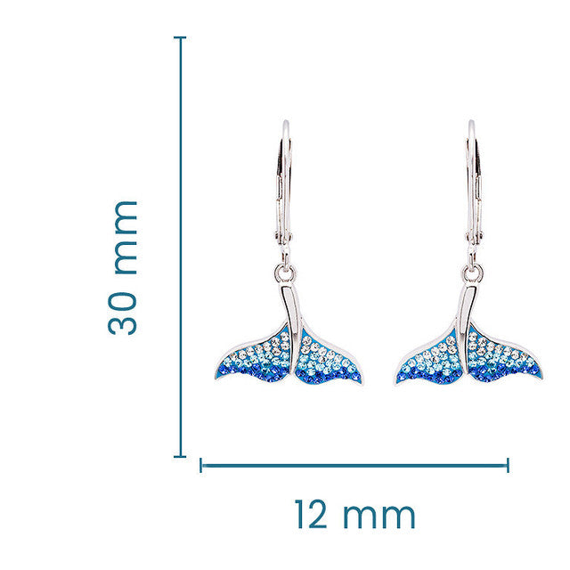 Silver leverback dangle earrings with blue and white mermaid tail charms, shown with dimension markings of 30 mm height and 12 mm width on a white background.