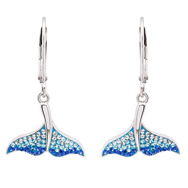 A pair of silver leverback dangle earrings featuring mermaid tail charms embellished with blue gradient rhinestones, shown against a plain white background.