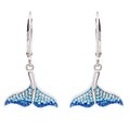 A pair of silver leverback dangle earrings featuring mermaid tail charms embellished with blue gradient rhinestones, shown against a plain white background.