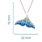 Silver-tone mermaid tail pendant necklace with blue and clear rhinestones, shown on a white background with dimension lines indicating 19 mm height and 22 mm width.