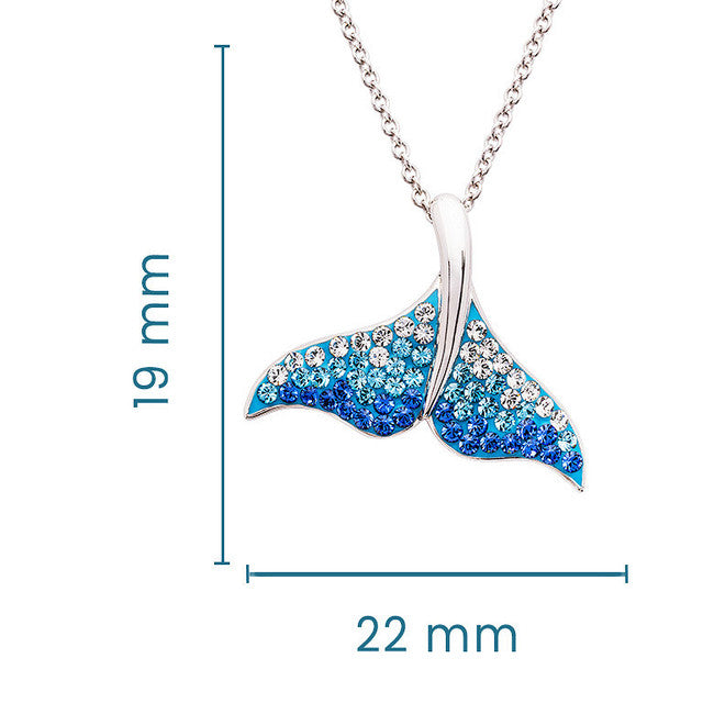 Silver-tone mermaid tail pendant necklace with blue and clear rhinestones, shown on a white background with dimension lines indicating 19 mm height and 22 mm width.