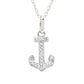 A silver anchor pendant necklace adorned with small clear crystals, suspended from a delicate silver chain against a plain white background.