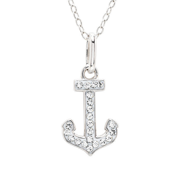 A silver anchor pendant necklace adorned with small clear crystals, suspended from a delicate silver chain against a plain white background.