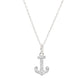A silver anchor pendant necklace paved with small clear stones, suspended from a delicate silver chain against a plain white background.