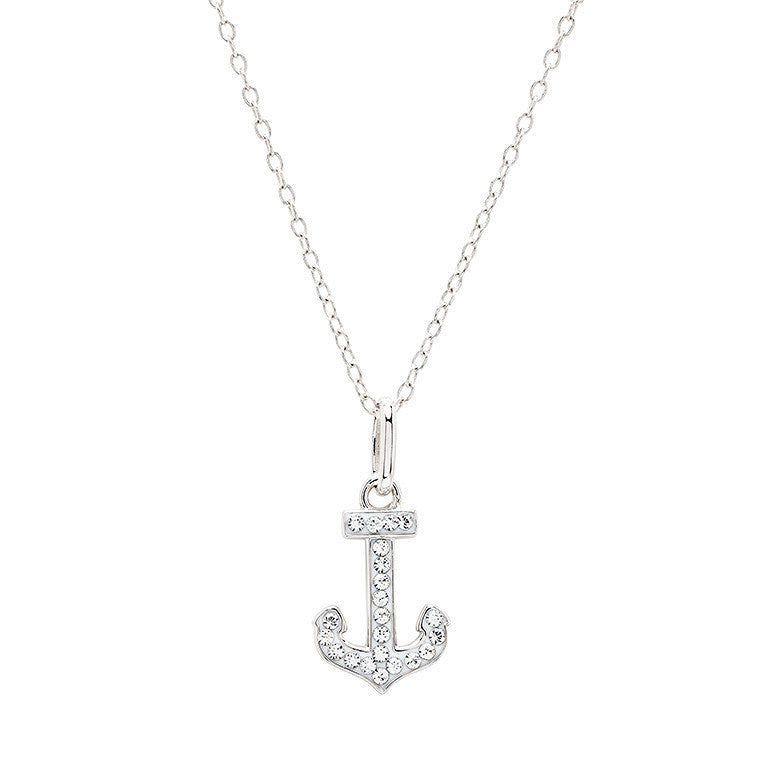 A silver anchor pendant necklace paved with small clear stones, suspended from a delicate silver chain against a plain white background.