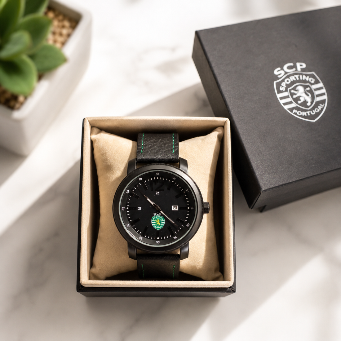 Official Licensed Portuguese Football | SCP-0005 Sporting CP Soccer Watch Black Leather Strap