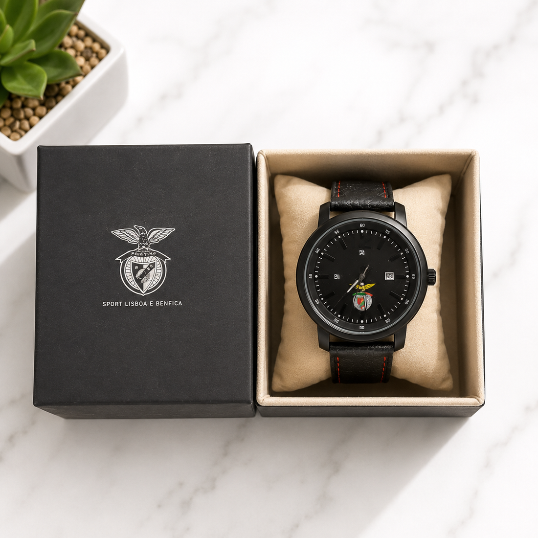 Official Licensed Portuguese Football | SLB-0005 SL Benfica Soccer Watch Black Leather Strap
