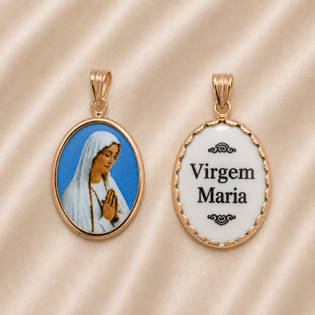 19.2K Portuguese Gold | Porcelain Bezel Virgin Mary ( Virgem Maria ) Pendant