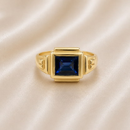Retro Square Gold Blue Stone Ring 19.2k Portuguese Gold Unisex