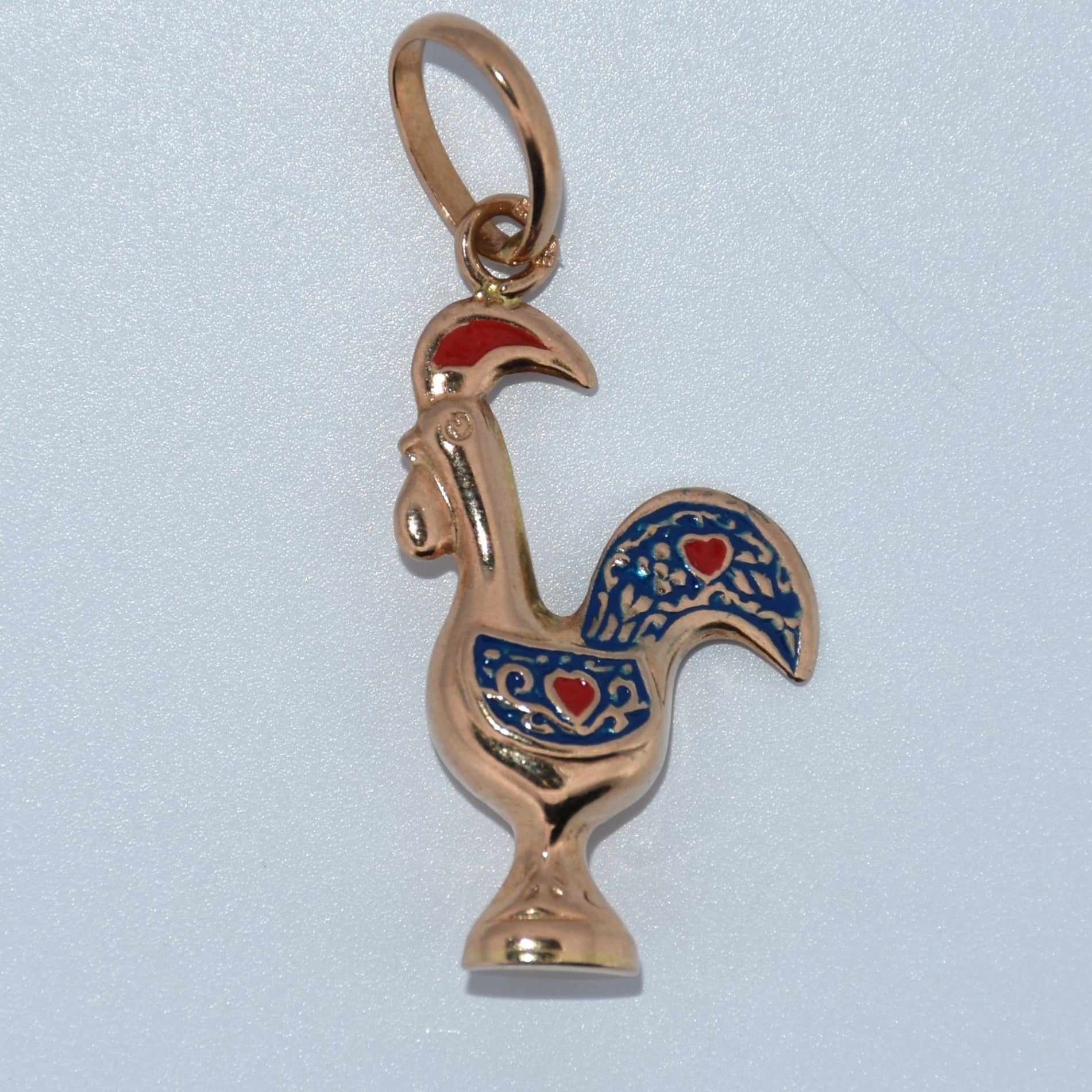 Rooster Charm (Galo de Barcelos) Pendant 19.2K Portuguese Gold Large Blue