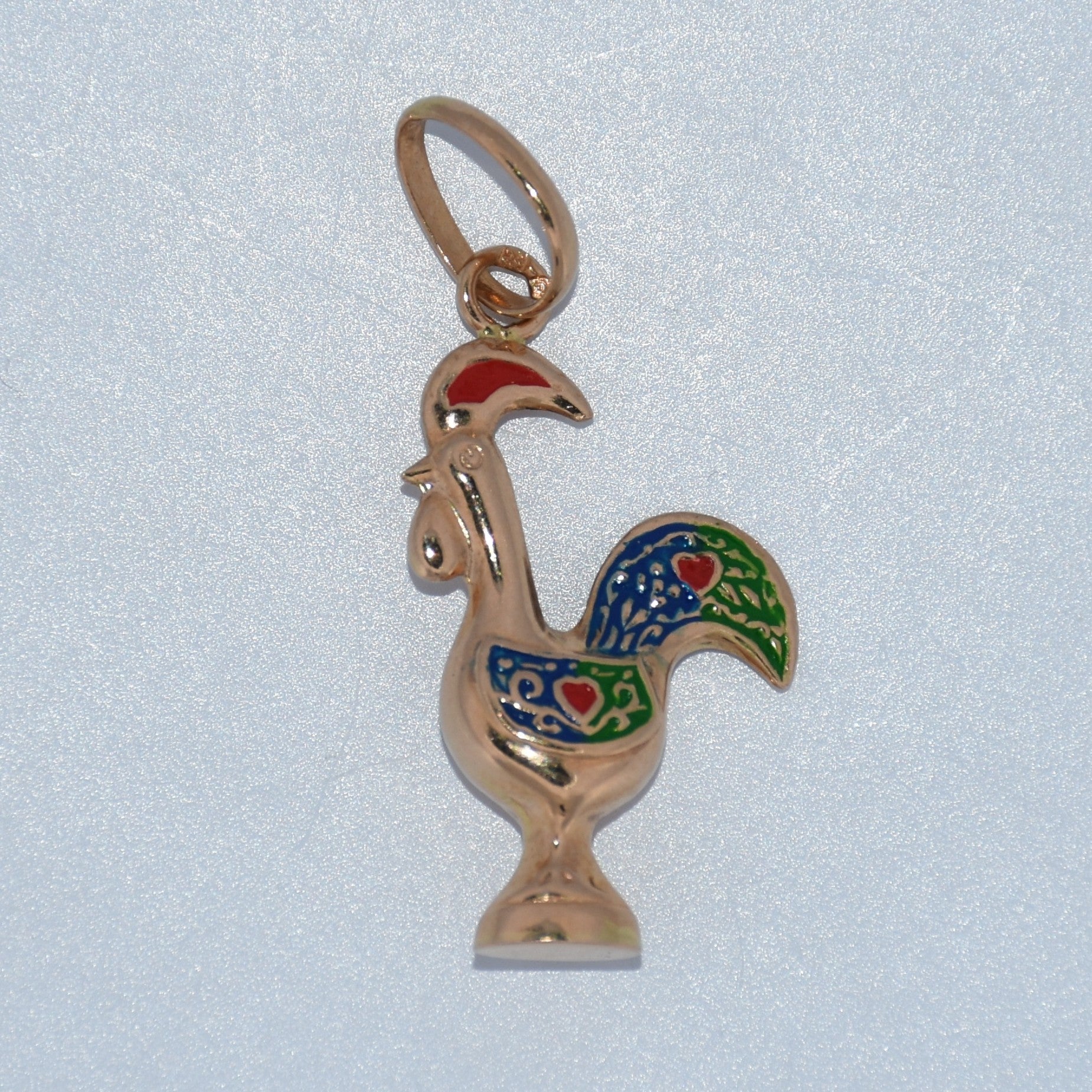 Rooster Charm (Galo de Barcelos) Pendant 19.2K Portuguese Gold Large Blue and Green