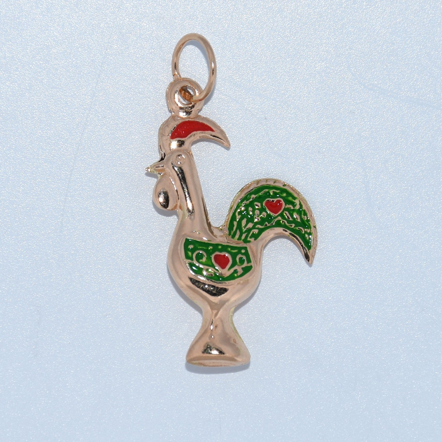 Rooster Charm (Galo de Barcelos) Pendant 19.2K Portuguese Gold Large Green