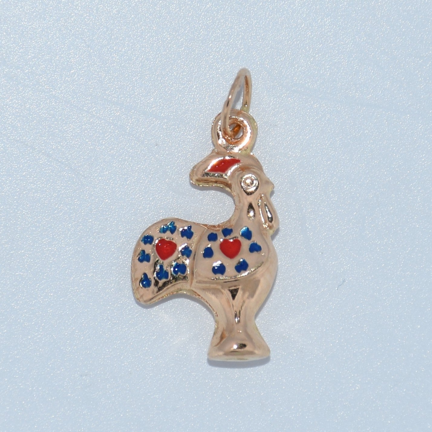 Rooster Charm (Galo de Barcelos) Pendant 19.2K Portuguese Gold Small Blue 