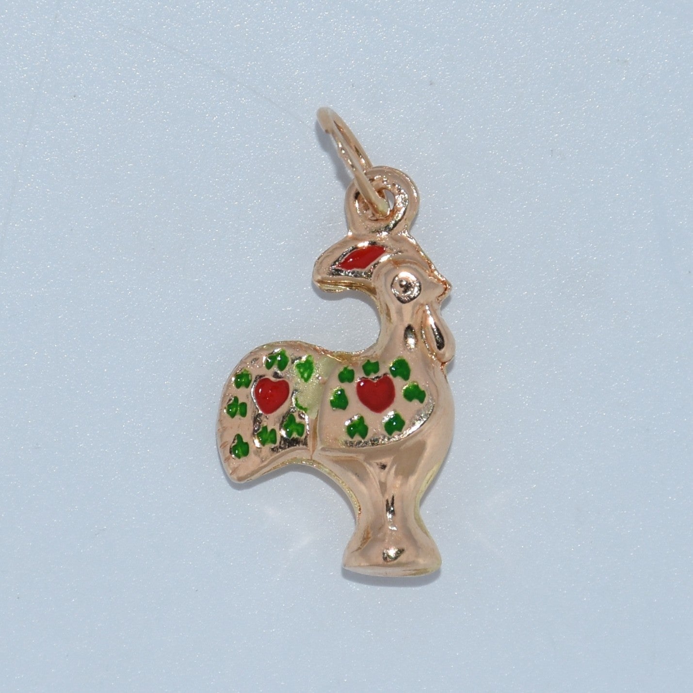 Rooster Charm (Galo de Barcelos) Pendant 19.2K Portuguese Gold Small Green