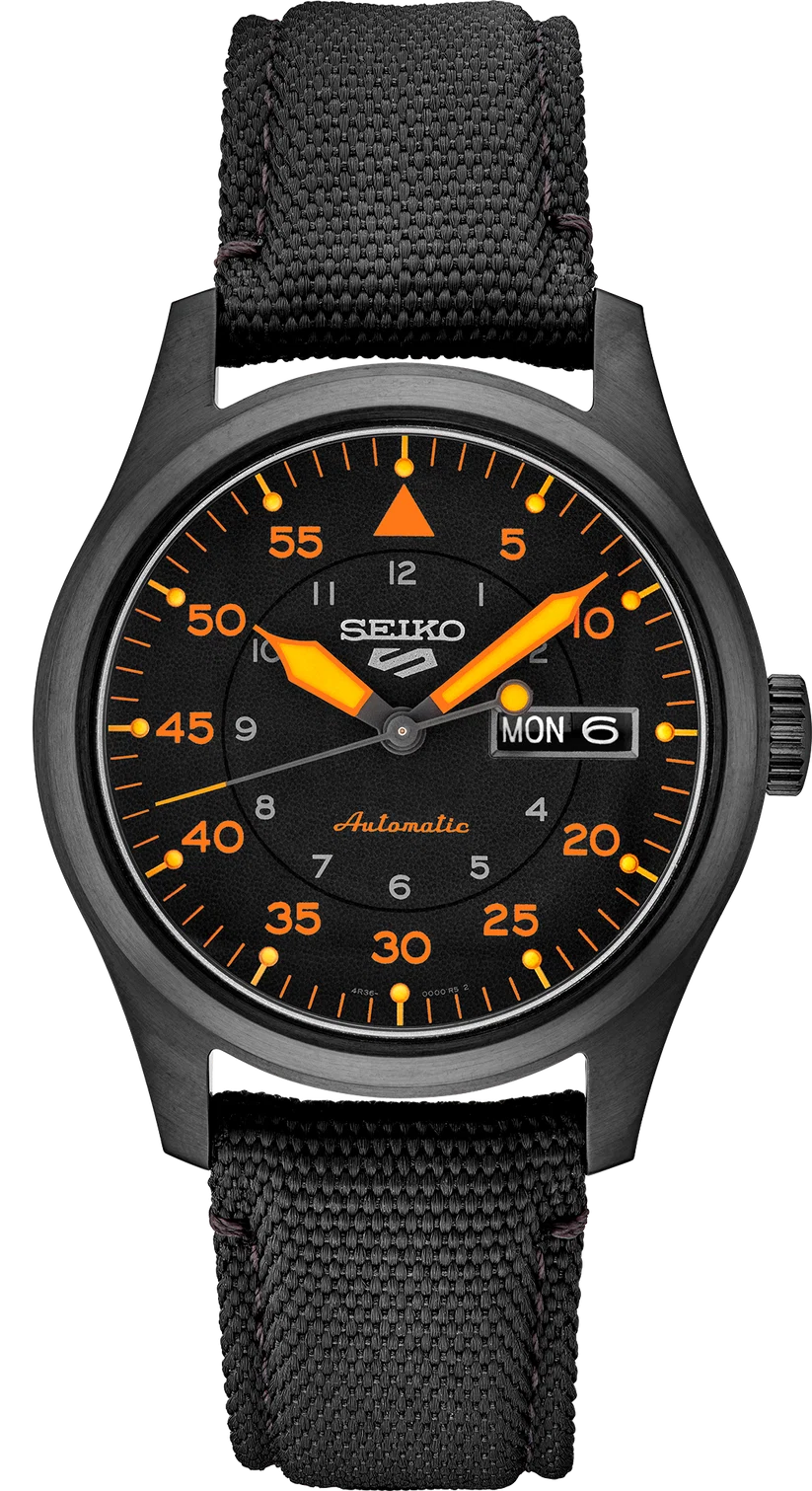 Seiko | SRPH33 Seiko 5 Sport Black Dial and Orange Markers with Black Nylon Strap