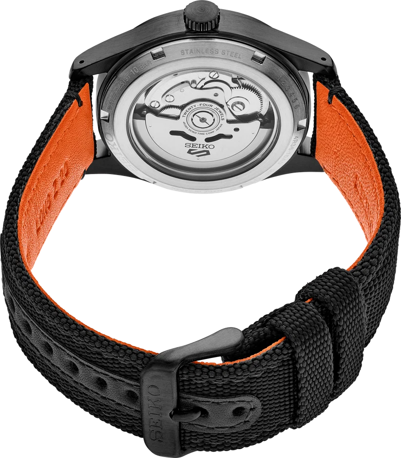 Seiko | SRPH33 Seiko 5 Sport Black Dial and Orange Markers with Black Nylon Strap