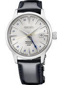 Seiko watch with a black leather strap on a white background