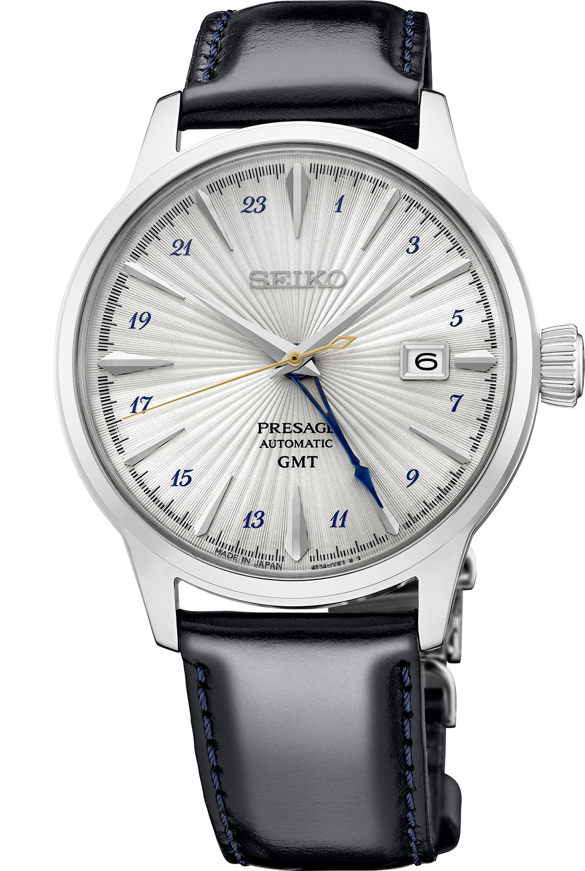 Seiko watch with a black leather strap on a white background