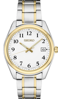 Seiko | SUR460 Eseentials Analog White Dial with Arabic Numerals, Date Calendar, LumiBrite Hands, Two-Tone Stainless Steel Case & Bracelet, 100m Water Resistant