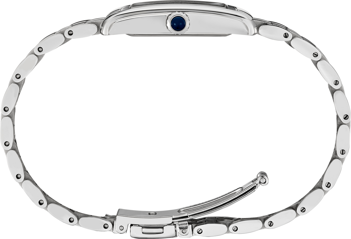 Silver watch with a blue gemstone on a white background