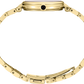 Close-up of the back of a gold-tone watch with a matching link bracelet, showing the case back, crown, and clasp on a plain white background.