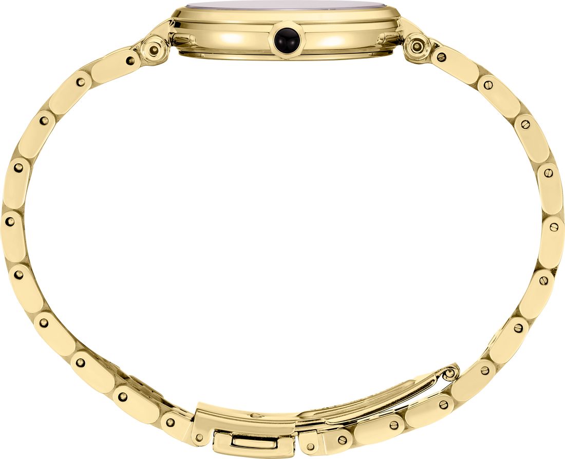 Close-up of the back of a gold-tone watch with a matching link bracelet, showing the case back, crown, and clasp on a plain white background.