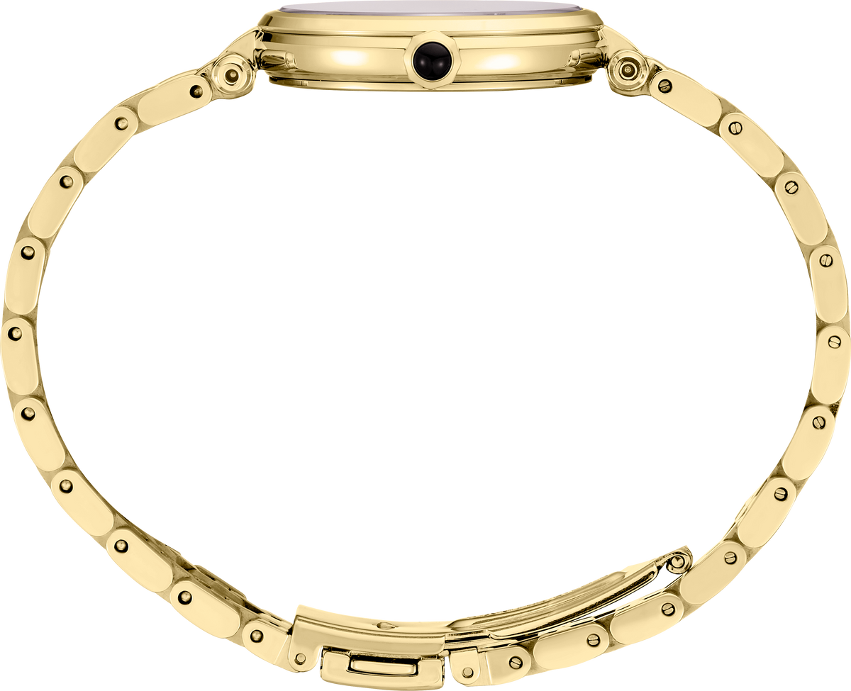 Close-up of the back of a gold-tone watch with a matching link bracelet, showing the case back, crown, and clasp on a plain white background.