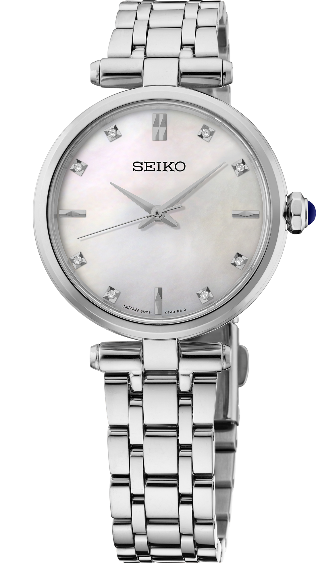 A Seiko women's watch featuring a silver stainless steel link bracelet, a round white mother-of-pearl dial, and crystal hour markers, shown on a clean white background.