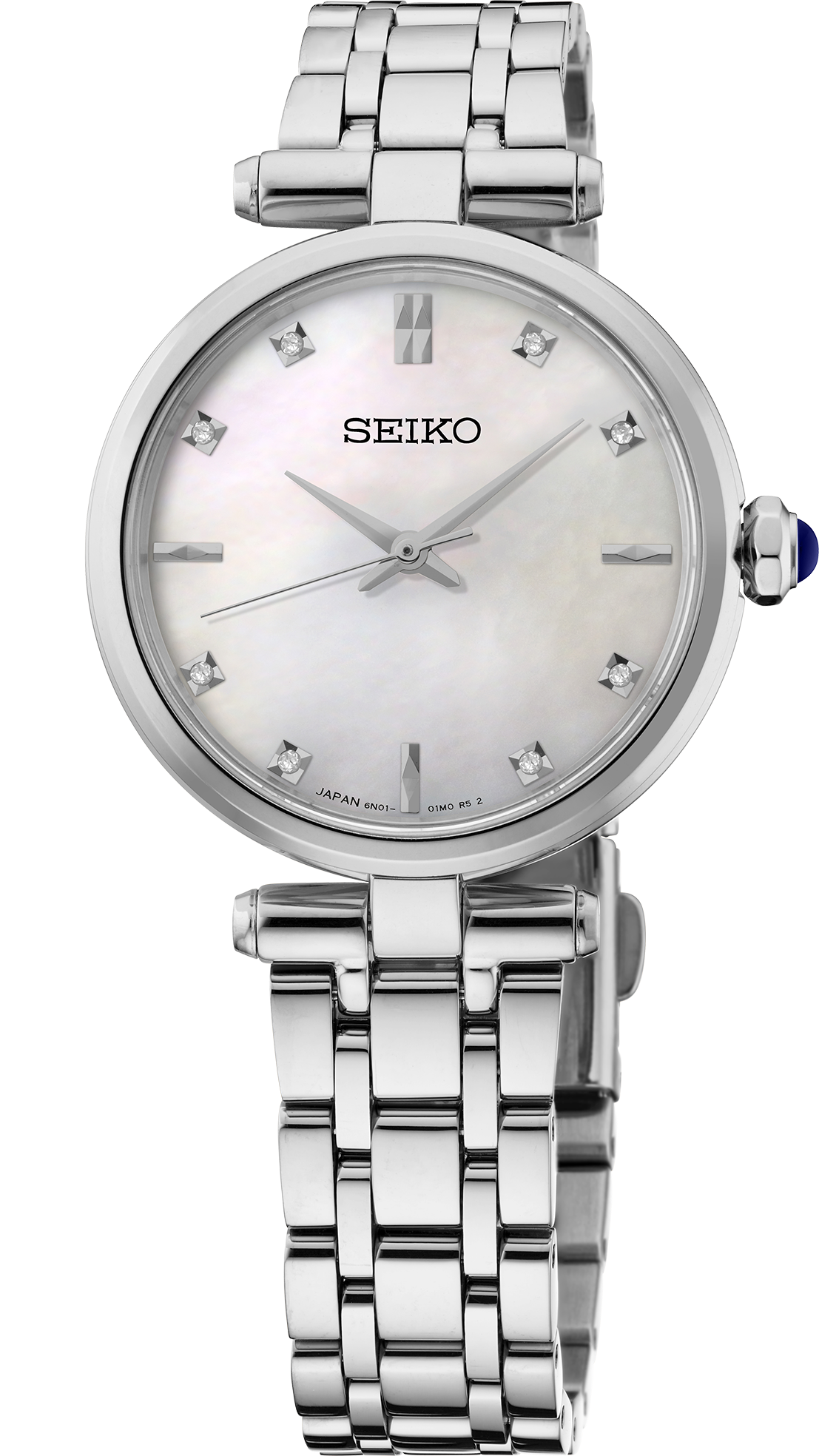 A Seiko women's watch featuring a silver stainless steel link bracelet, a round white mother-of-pearl dial, and crystal hour markers, shown on a clean white background.