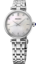 A Seiko women's watch featuring a silver stainless steel link bracelet, a round white mother-of-pearl dial, and crystal hour markers, shown on a clean white background.