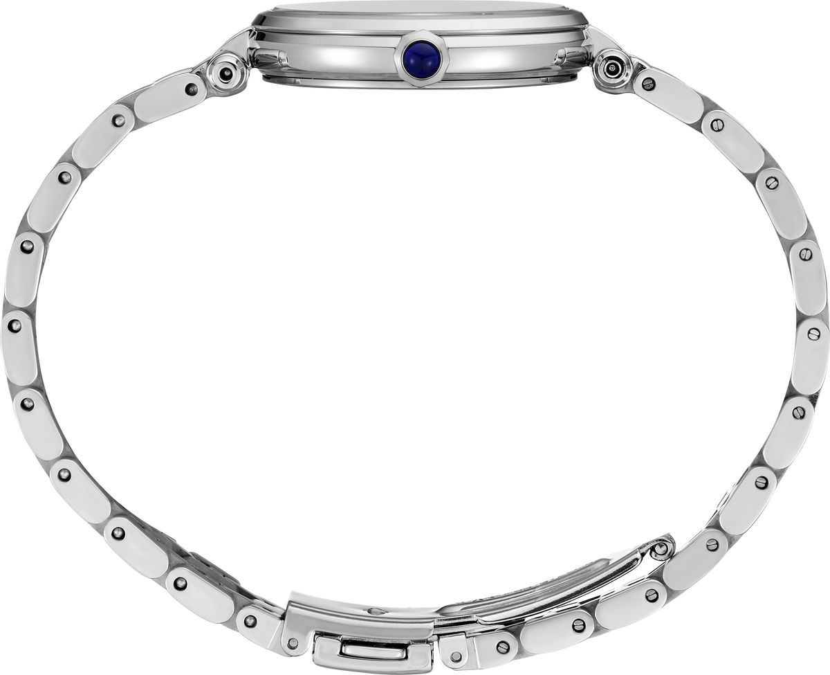 Close-up rear view of a silver-tone metal watch with a matching link bracelet and a round blue cabochon crystal on the case.