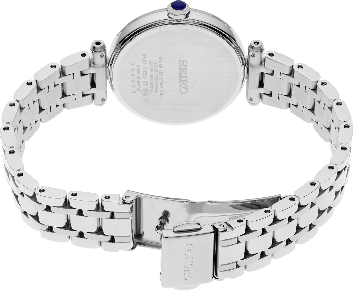 Silver Seiko watch with metal bracelet on a white background