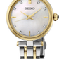 A Seiko women's two-tone stainless steel and gold watch with a white mother-of-pearl dial, crystal hour markers, and a gold-tone case and bracelet.