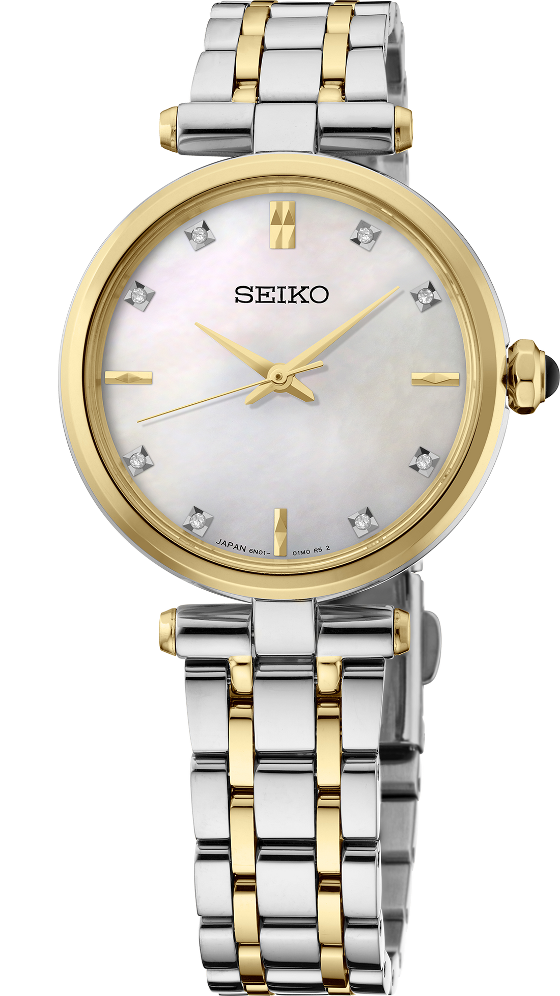 A Seiko women's two-tone stainless steel and gold watch with a white mother-of-pearl dial, crystal hour markers, and a gold-tone case and bracelet.