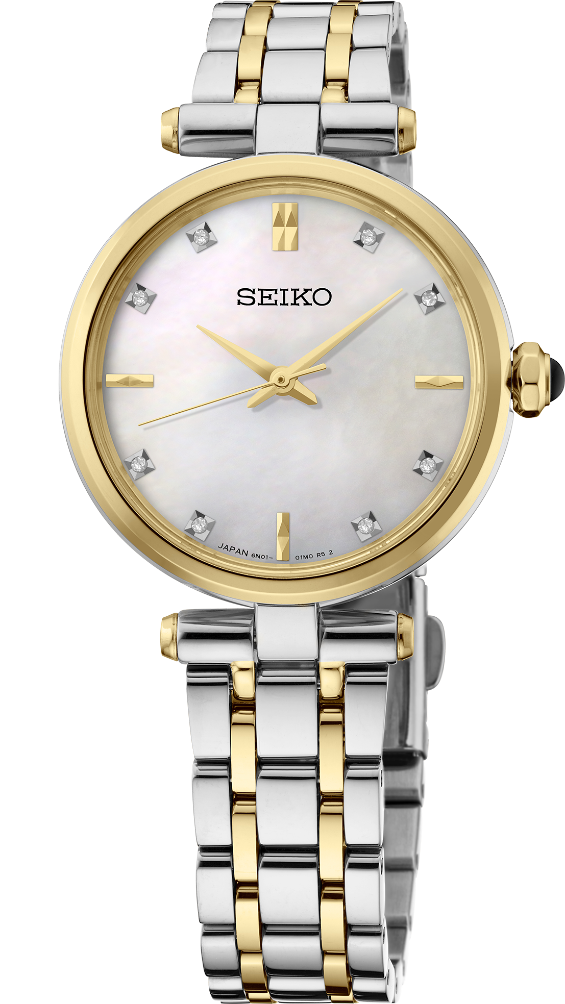 A Seiko women's two-tone stainless steel and gold watch with a white mother-of-pearl dial, crystal hour markers, and a gold-tone case and bracelet.