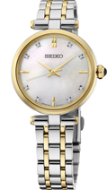 A Seiko women's two-tone stainless steel and gold watch with a white mother-of-pearl dial, crystal hour markers, and a gold-tone case and bracelet.