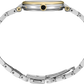 Close-up rear view of a two-tone stainless steel and gold watch with a metal link bracelet on a white background.