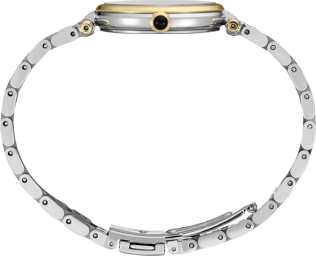 Close-up rear view of a two-tone stainless steel and gold watch with a metal link bracelet on a white background.