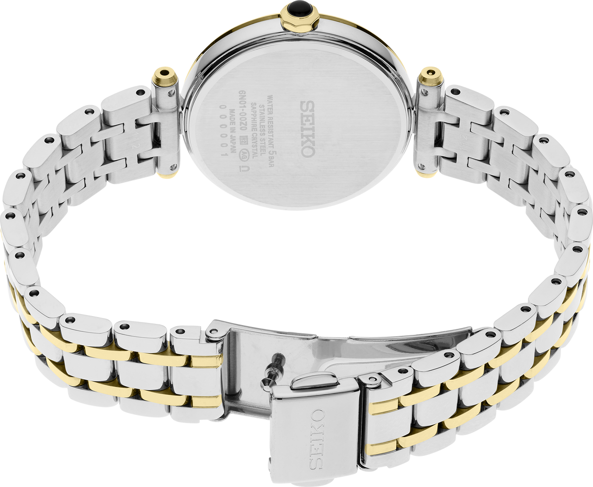 Seiko watch with two-tone metal bracelet on a white background