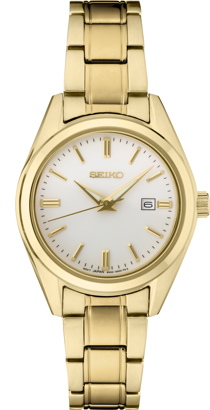 Gold Seiko watch with a white face on a white background