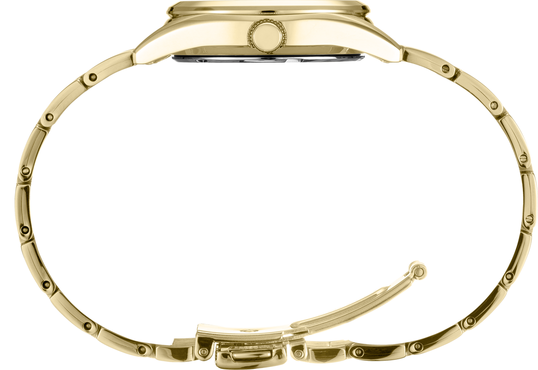Gold watch with a detailed band on a white background