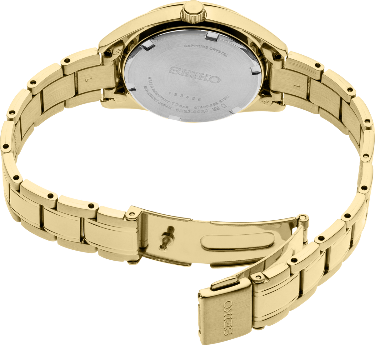 Gold Seiko watch with metal band on a white background