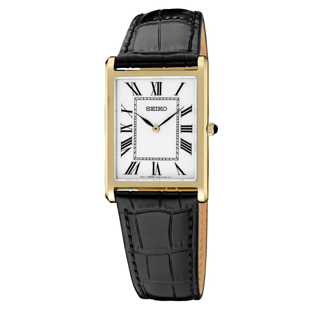 Seiko | SWR104 Essentials Retangle Gold Tone Leather Strap Quartz White Dial