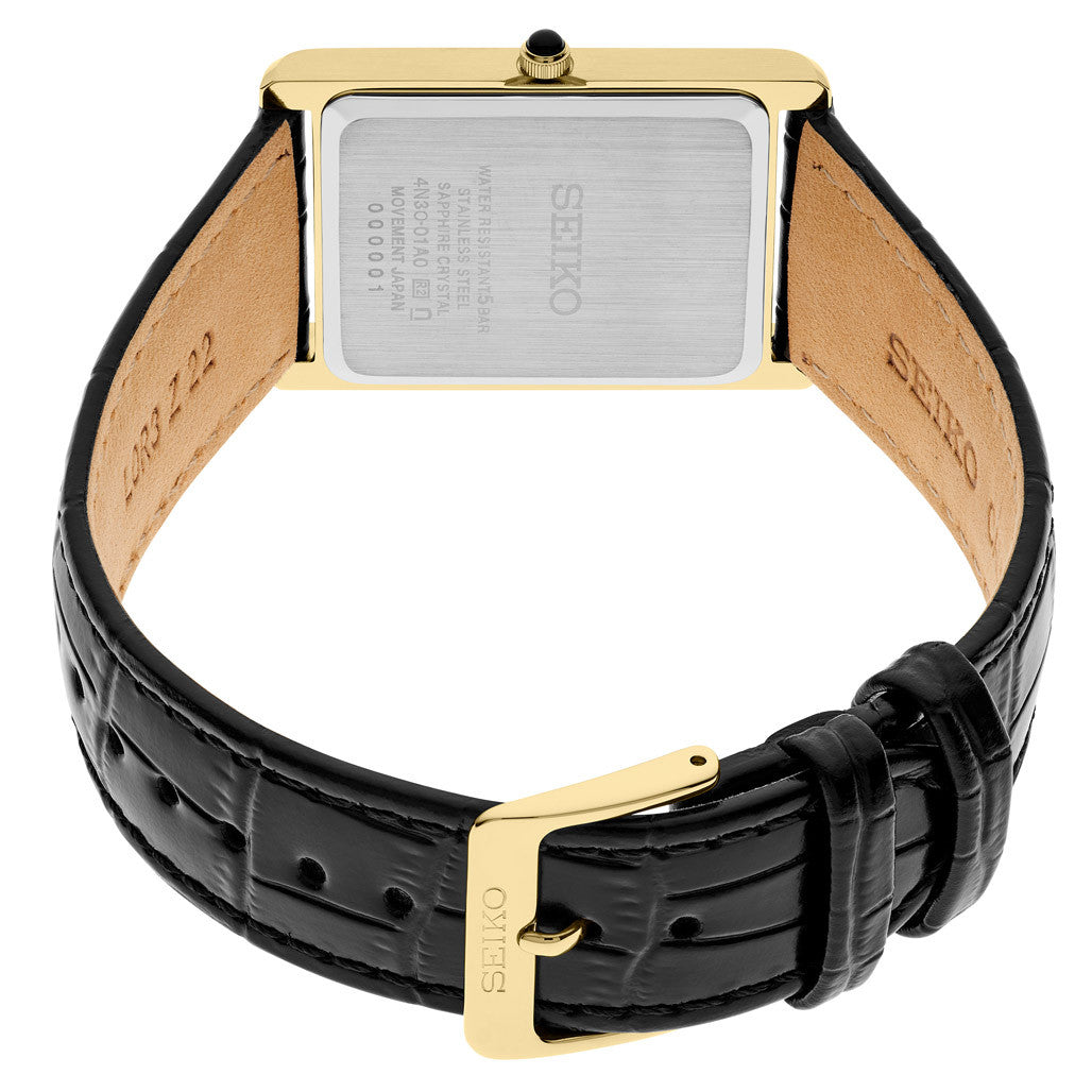 Seiko | SWR104 Essentials Gold Tone Leather Strap Quartz White Dial rectangle black