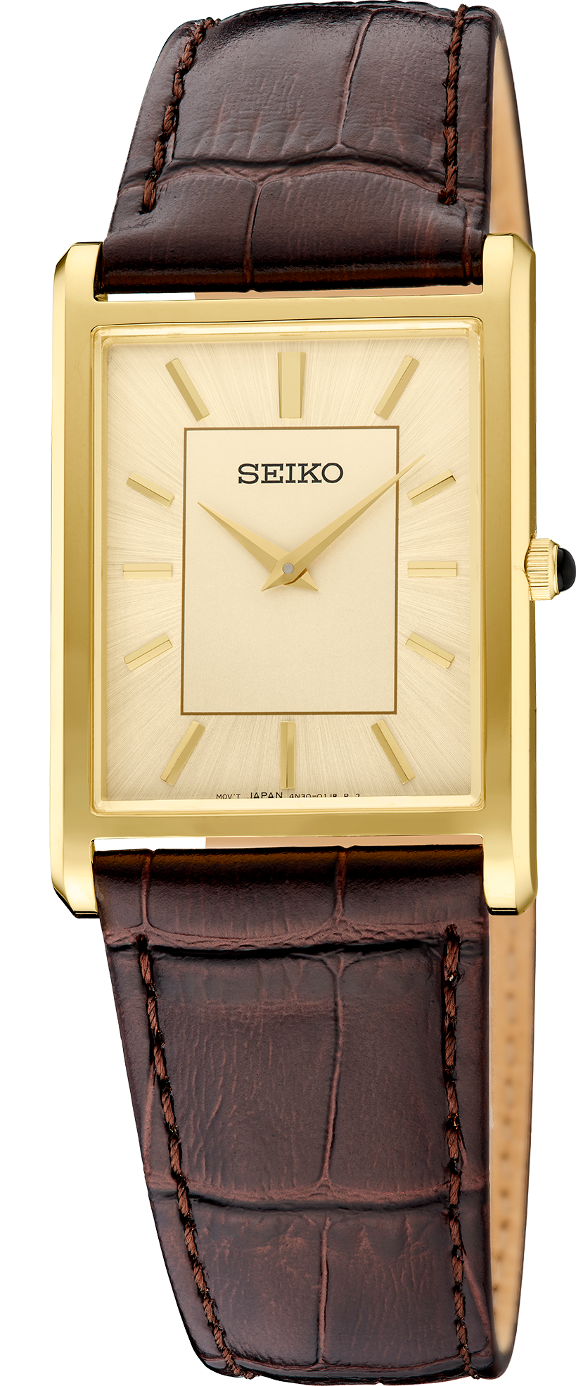 Seiko watch with gold case and brown leather strap on a white background