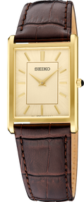 Seiko watch with gold case and brown leather strap on a white background