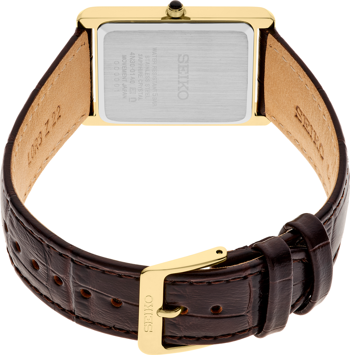 Seiko | Essentials Rectangular Case Quartz Brown Leather Strap Gold Dial Men's Watch SWR106